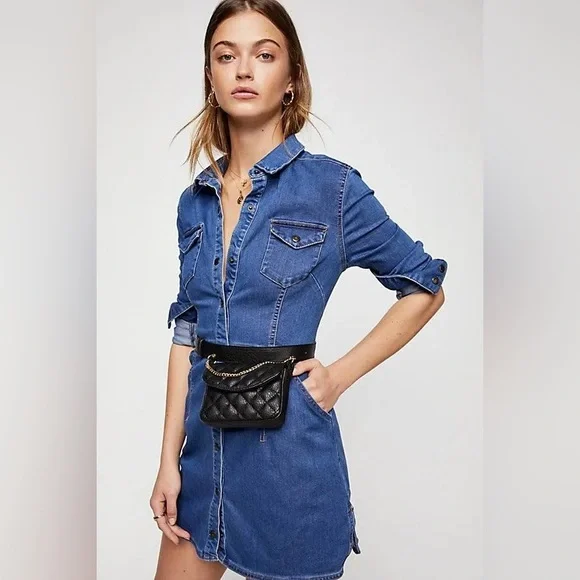 Free People Dynomite Medium Wash Long Sleeve Denim Dress - Picture 3 of 8